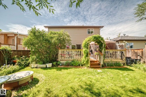 Expansive backyard featuring a manicured lawn, a multi-level wood deck, a vine-covered archway, mature landscaping, and a built-in fire pit - 13069 37 Street Nw, Edmonton, AB - Outdoor With Deck Patio Veranda