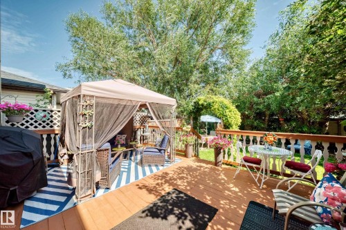 Expansive wood deck with turned baluster railing, privacy lattice, and mature tree canopy - 13069 37 Street Nw, Edmonton, AB - Outdoor With Deck Patio Veranda