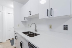 White cabinetry with matte black pulls, stainless steel double basin sink, chrome faucet, and light-toned countertop - 