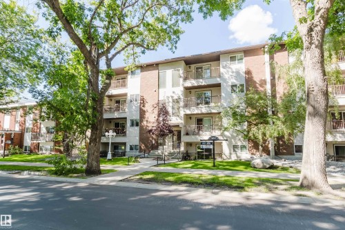 Multi-story building featuring brick and stucco exterior, multiple balconies with metal railings, mature trees, and a paved walkway - #106 10520 80 Av Nw, Edmonton, AB - Outdoor With Balcony With Facade