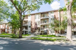 Multi-story building featuring brick and stucco exterior, multiple balconies with metal railings, mature trees, and a paved walkway - 