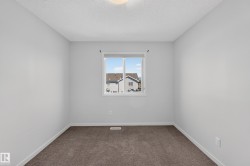 Neutral wall paint, brown carpeting, and a single window with white trim - 