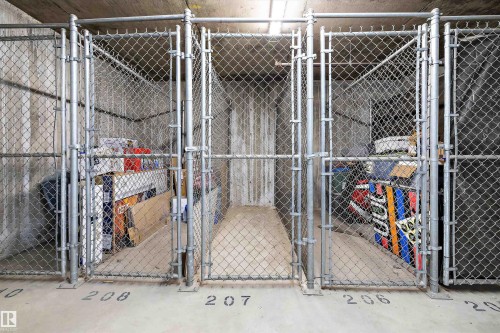 Chain-link storage cages with concrete walls and numbered floor markings - #207 304 Amblside Li Sw Sw, Edmonton, AB - Indoor With Storage