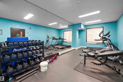 Fitness room with rubber flooring, full-wall mirrors, and recessed lighting - #207 304 Amblside Li Sw Sw, Edmonton, AB - Indoor Photo Showing Gym Room