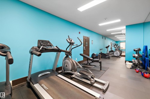 Fitness room with resilient flooring, extensive exercise equipment, and mirrored walls - #207 304 Amblside Li Sw Sw, Edmonton, AB - Indoor Photo Showing Gym Room
