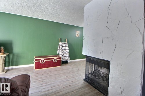 Fireplace with a stone-finish facade and hearth, wood-finish flooring, and a green accent wall - #304 14004 26 St Nw, Edmonton, AB - Indoor With Fireplace