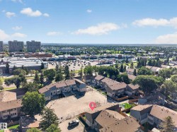 Townhome community with a large parking area, private fenced yards, and mature trees - 