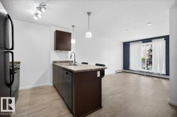 Open-concept living space featuring wood-finish flooring, a kitchen island with seating, dark wood cabinetry, granite-style countertops, and a balcony entrance with a dark accent wall - 