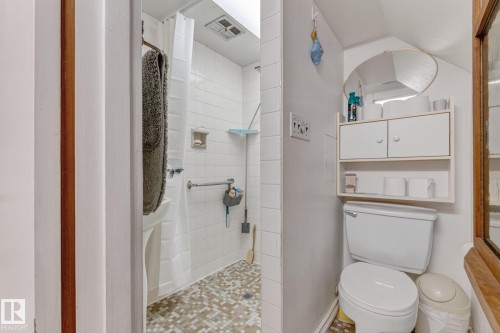 Shower with mosaic tile flooring and white subway tile surround - 13432 134 Street Nw, Edmonton, AB - Indoor Photo Showing Bathroom