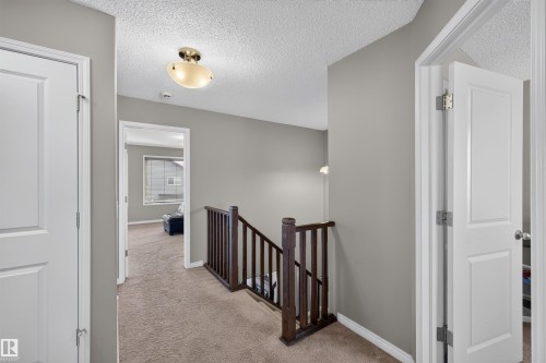 Carpeted hallway featuring a dark wood stair railing, white panel doors, and a ceiling-mounted light fixture - 16515 139 Street Nw, Edmonton, AB - Indoor Photo Showing Other Room