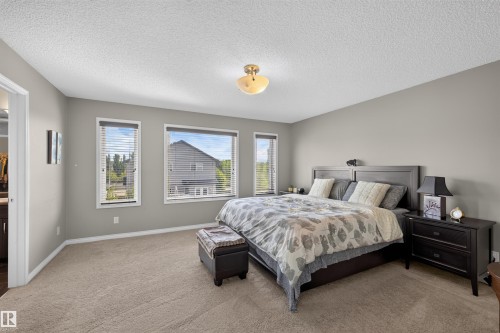 Neutral wall paint, plush carpet flooring, multiple windows, and a ceiling-mounted light fixture - 16515 139 Street Nw, Edmonton, AB - Indoor Photo Showing Bedroom