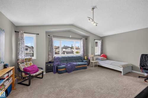 High ceilings, multiple windows providing natural light, track lighting fixture, and carpeted flooring - 16515 139 Street Nw, Edmonton, AB - Indoor