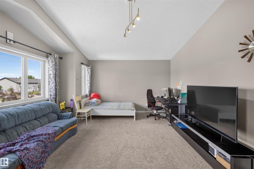 Carpeted flooring, vaulted ceiling, track lighting fixture, and large windows - 16515 139 Street Nw, Edmonton, AB - Indoor