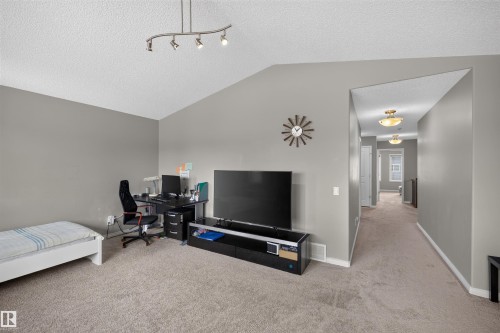 Vaulted ceiling with track lighting, neutral carpeting, and a hallway featuring semi-flush mount lighting - 16515 139 Street Nw, Edmonton, AB - Indoor