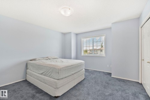 Bedroom featuring light blue walls, gray carpet, and a window with blinds - 3769 21 Street Nw, Edmonton, AB - Indoor Photo Showing Bedroom