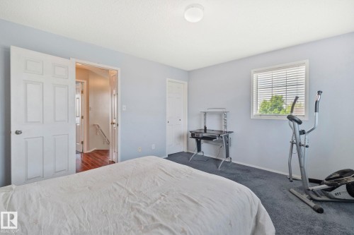 Room featuring light blue walls and dark carpet flooring - 3769 21 Street Nw, Edmonton, AB - Indoor Photo Showing Bedroom