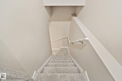 Carpeted staircase featuring a light gray palette, white wall-mounted handrails, and coordinated baseboards - 