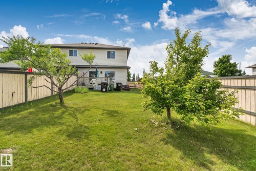 Expansive backyard featuring a green lawn, established trees, and a private wooden fence - 3769 21 Street Nw, Edmonton, AB - Outdoor With Deck Patio Veranda