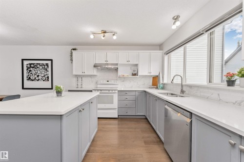 Contemporary kitchen featuring a large window, stainless steel appliances, Vinyl plank flooring, a kitchen island, and light cabinetry - 4121 Tompkins Way Nw, Edmonton, AB - Indoor Photo Showing Kitchen With Double Sink