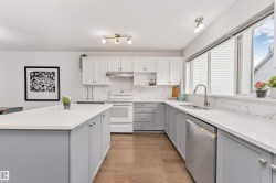 Contemporary kitchen featuring a large window, stainless steel appliances, Vinyl plank flooring, a kitchen island, and light cabinetry - 