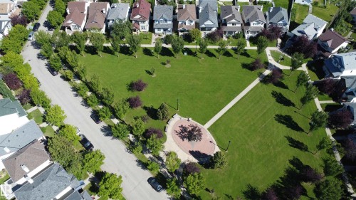 Central green space featuring paved pathways and established trees - 4121 Tompkins Way Nw, Edmonton, AB - Outdoor With View