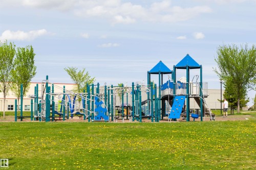 Expansive green space featuring a large playground structure with slides, climbing walls, and multiple platforms, surrounded by mature trees - 4121 Tompkins Way Nw, Edmonton, AB - Outdoor
