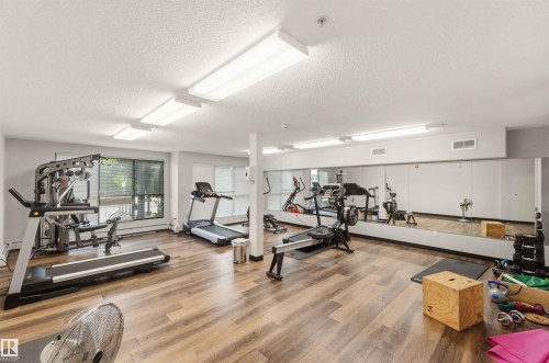 Fitness room with wood-finish flooring, fluorescent lighting, and large wall-mounted mirrors - #414 5510 Schonsee Dr Nw, Edmonton, AB - Indoor Photo Showing Gym Room