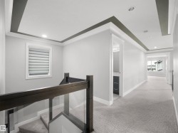 Upper hallway featuring recessed lighting, tray ceiling, and carpet flooring - 