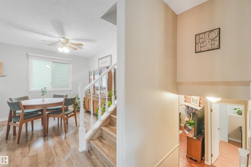 Open-concept dining area featuring wood-finish flooring, a ceiling fan with light fixture, and a window with blinds - 18611 57 Avenue Nw, Edmonton, AB - Indoor Photo Showing Dining Room