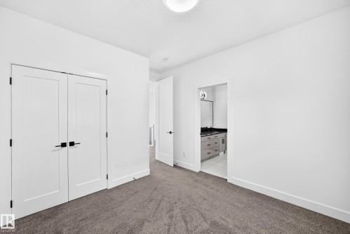 White walls with dark hardware, gray carpet, and a flush mount ceiling light - 3101 Soleil Boulevard, Beaumont, AB - Indoor Photo Showing Other Room