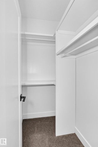 Walk-in closet featuring built-in shelving, hanging rods, and carpet flooring - 3101 Soleil Boulevard, Beaumont, AB - Indoor With Storage