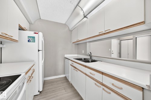 Kitchen with white cabinetry, wood-finish hardware, light-toned countertops, and wood-finish flooring - #204 11218 80 St Nw, Edmonton, AB - Indoor Photo Showing Kitchen With Double Sink