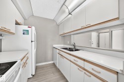 Kitchen with white cabinetry, wood-finish hardware, light-toned countertops, and wood-finish flooring - 