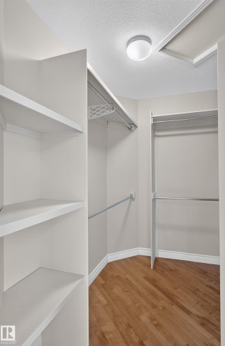 Walk-in closet with wood-finish flooring, built-in shelving, and multiple hanging rods - 13527 158 Avenue Nw, Edmonton, AB - Indoor With Storage