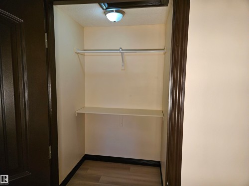 Interior closet with a single shelf and hanging rod, overhead flush-mount lighting, and wood-finish flooring - 11625 88 Street Nw, Edmonton, AB 