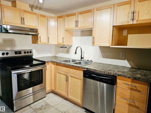 Kitchen with light wood cabinetry, stainless steel appliances, a double basin sink, and patterned countertops - 11625 88 Street Nw, Edmonton, AB 