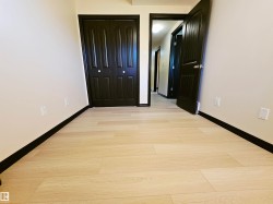 Light wood-finish flooring with dark trim, dark paneled doors, and light-colored walls - 