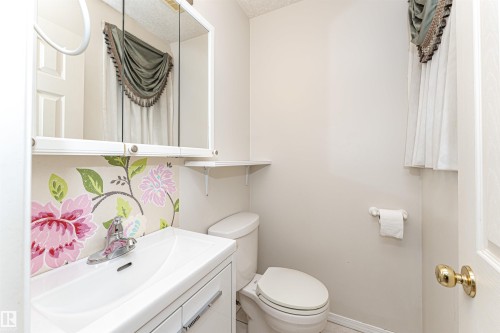 White vanity with integrated sink, chrome faucet, medicine cabinet, and floral wall accent - 12241 93 Street Nw, Edmonton, AB - Indoor Photo Showing Bathroom