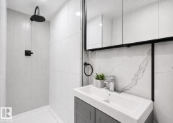 Basement bathroom (AI modified to show the finished cabinet and shower head as will be finished) - 