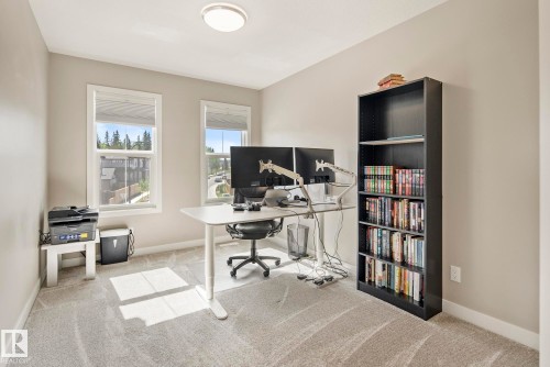 Neutral wall paint, plush carpeting, built-in shelving, dual windows, and ceiling-mounted lighting fixture - 7135 Edgemont Way Nw, Edmonton, AB 