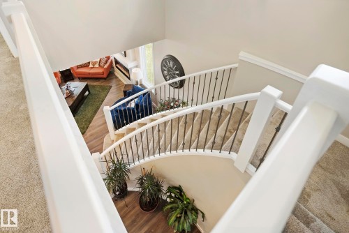 Curved staircase with white newel posts, black metal balusters, and carpeted treads - 7135 Edgemont Way Nw, Edmonton, AB 