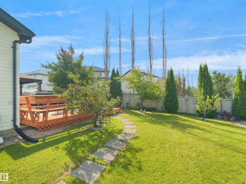 Expansive green lawn with a stone pathway, a wooden deck, and mature trees - 614 Silver Berry Road Nw, Edmonton, AB - Outdoor With Deck Patio Veranda