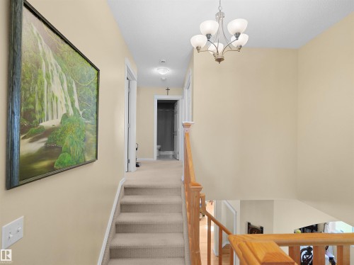 Carpeted stairway with wood-finish railing, leading to a carpeted upper hallway featuring a chandelier and flush mount lighting - 614 Silver Berry Road Nw, Edmonton, AB - Indoor Photo Showing Other Room
