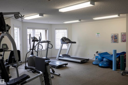 Fitness facility featuring carpet flooring and multiple windows - #204 2420 108 St Nw, Edmonton, AB - Indoor Photo Showing Gym Room