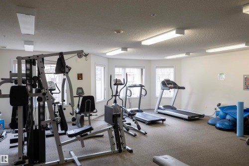 Fitness room featuring multiple exercise machines, broad windows, and carpet flooring - #204 2420 108 St Nw, Edmonton, AB - Indoor Photo Showing Gym Room