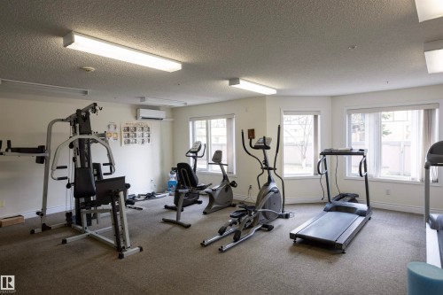 Fitness room with carpet flooring, multiple windows, and recessed lighting - #204 2420 108 St Nw, Edmonton, AB - Indoor Photo Showing Gym Room