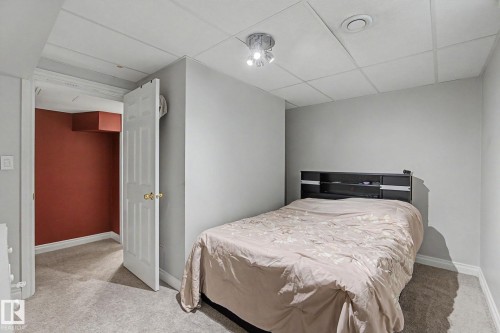 Soft gray wall paint with white trim, gray carpet flooring, and a drop ceiling with recessed lighting - 4323 114B Street Nw, Edmonton, AB - Indoor Photo Showing Bedroom