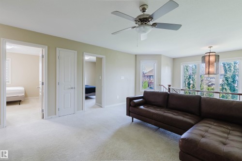 Carpeted open area featuring multiple windows, a ceiling fan, and a decorative pendant light fixture - 864 Armitage Wynd Sw, Edmonton, AB - Indoor Photo Showing Living Room