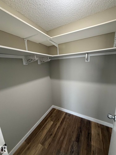 Walk-in closet featuring wood-finish flooring, light gray wall paint, and white built-in shelving - 1535 80A Street Nw, Edmonton, AB - Indoor With Storage