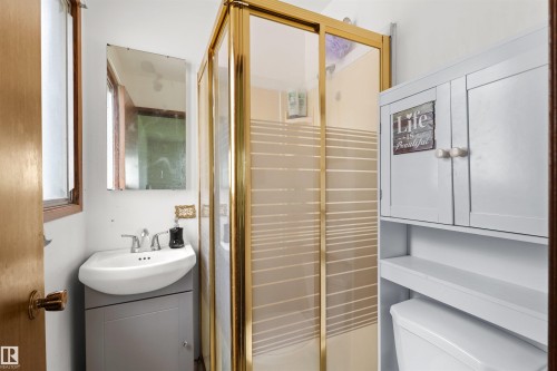 Compact bathroom featuring a corner sink vanity, a gold-framed shower enclosure, and a built-in white storage cabinet - 8723 81 Avenue Nw, Edmonton, AB - Indoor